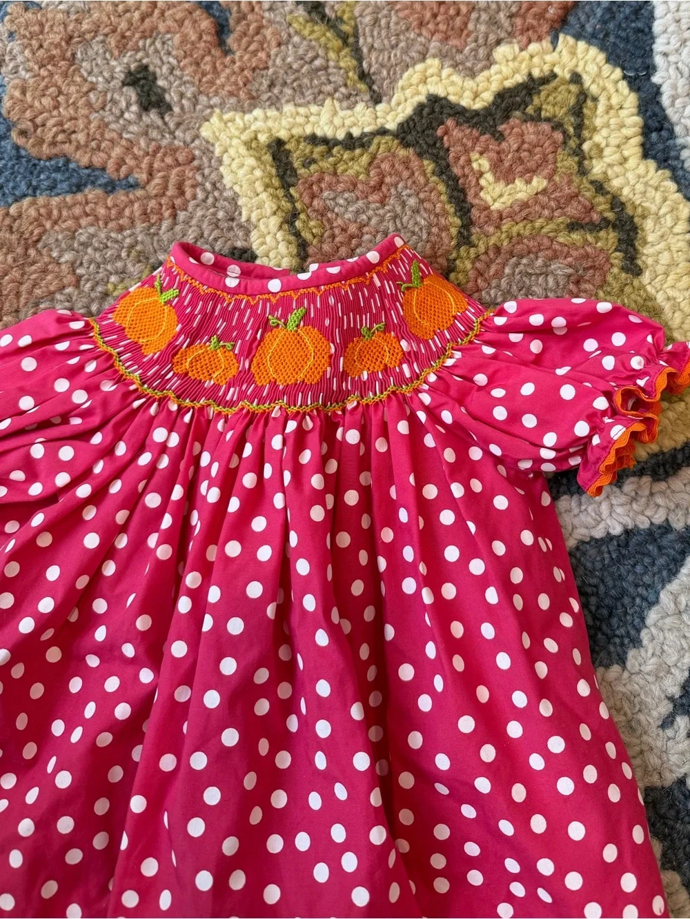 Girls' Pink Polka Dot Smocked Dress Pumpkin Embroidery 3 Months Cecil & Lou